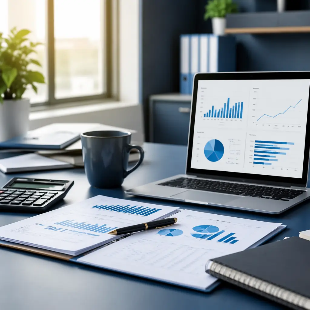 Business dashboard and financial planning workspace, laptop displaying charts and metrics, calculator, printed reports and 3D printer component samples on desk, professional navy and blue-toned office environment