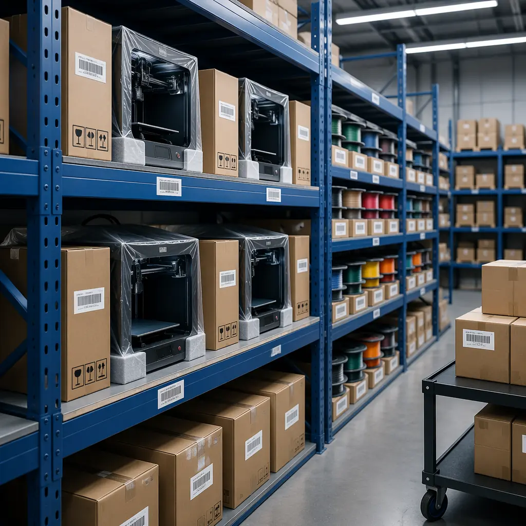 Organized warehouse shelving with 3D printer inventory and filament stock, barcode labels, systematic storage layout, professional distribution center aesthetic with navy and steel blue industrial tones