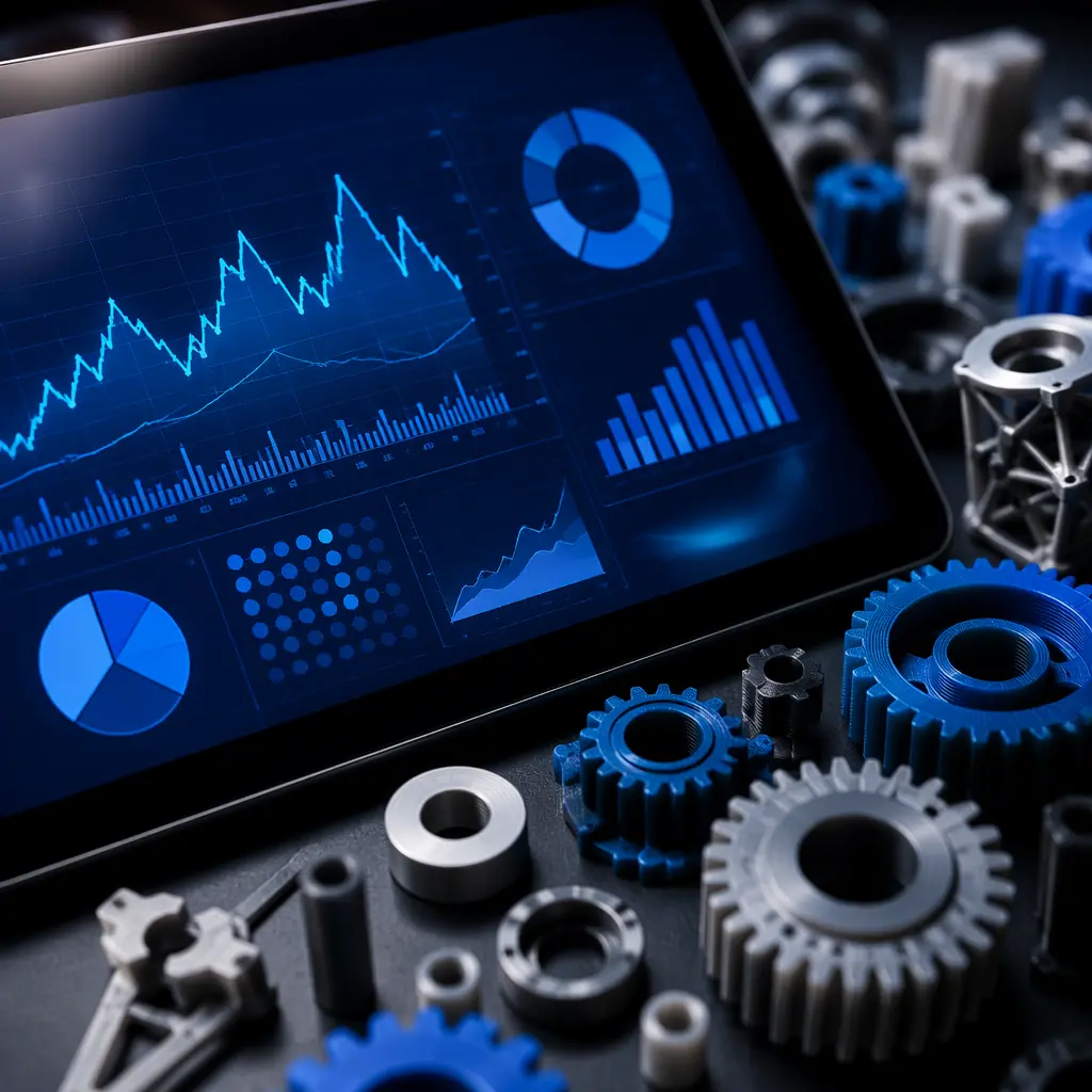 Close-up of financial charts and performance graphs on tablet screen, with 3D printed gears and components arranged alongside as business artifacts, professional consulting atmosphere, navy and blue financial dashboard aesthetic