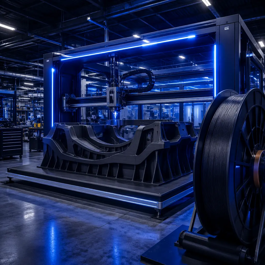 Industrial large-format 3D printer with 800mm build volume in factory setting, printing a full-scale automotive tooling fixture, filament spool mounted on side, deep navy industrial environment with blue accent LED lighting on control panel
