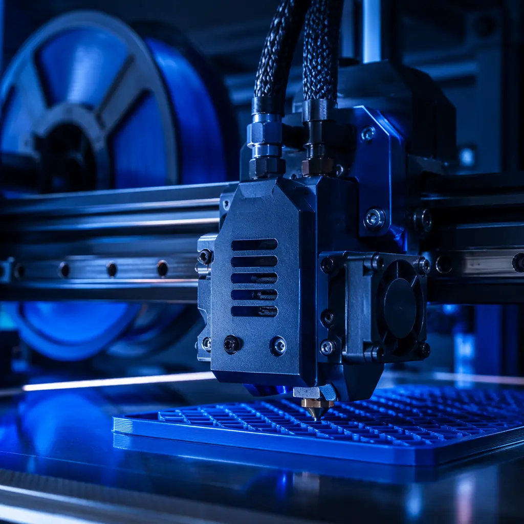 Close-up macro shot of large-format 3D printer nozzle and heated bed, massive 5kg filament spool mounted on industrial frame, partially printed automotive mold visible on build platform, factory workshop lighting