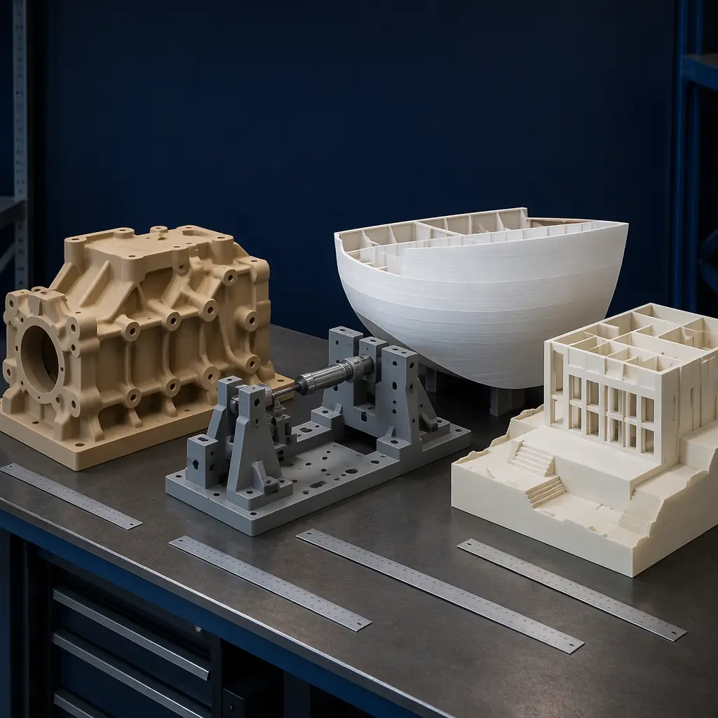 Array of completed large-format 3D printed parts on industrial workbench: sand casting pattern, aerospace drill fixture, boat hull plug section, and architectural model segment, side-by-side with rulers showing scale, factory lighting