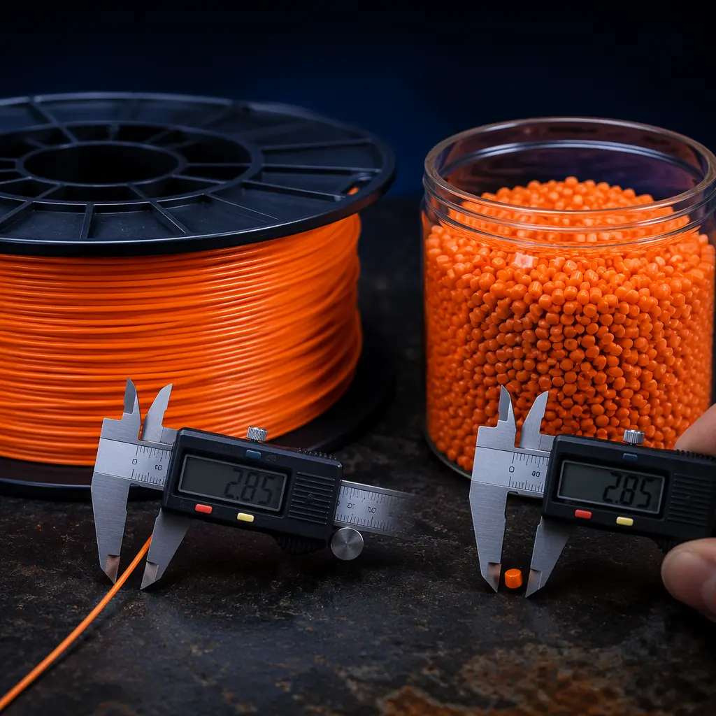 Side-by-side comparison on dark industrial surface: spool of 2.85mm engineering filament (ABS, orange color) next to container of raw plastic pellets of same material, digital caliper measuring both, industrial photography style