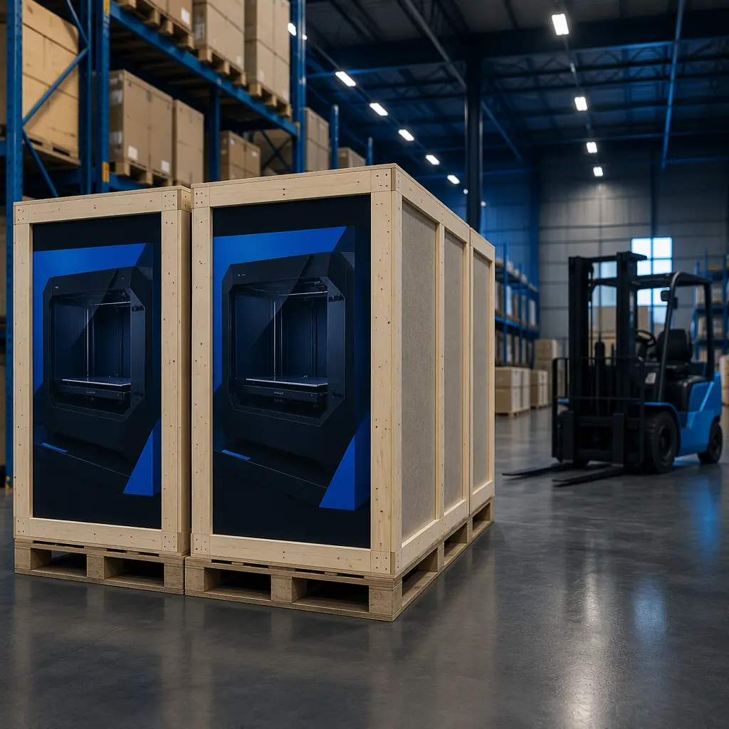 Warehouse distribution center with pallet of large-format 3D printers in shipping crates, forklift in background, crate label showing build volume specs, industrial logistics setting with blue accent on crate markings