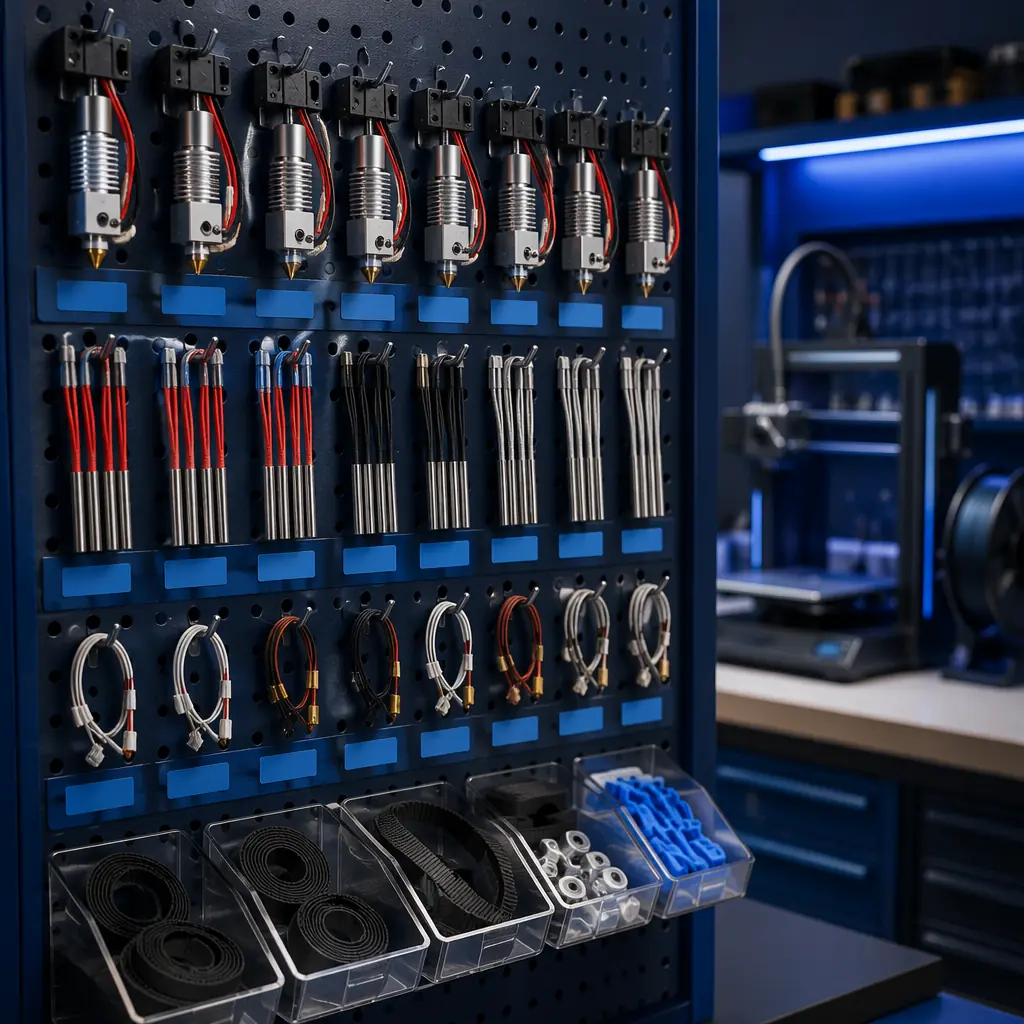 Well-organized spare parts wall in industrial workshop: hotend assemblies, heater cartridges, thermistors, and belt kits arranged on pegboard with labels, 3D printer in background, clean organized tech workspace