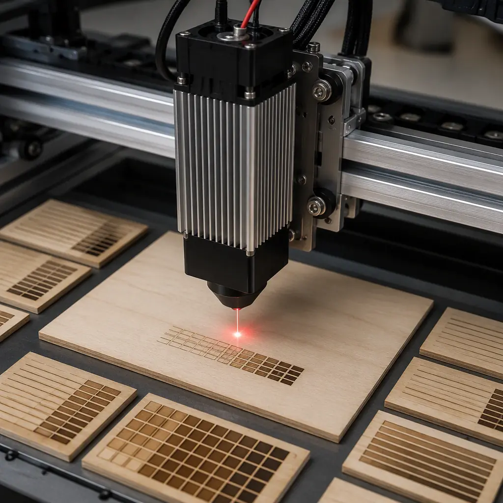 Professional studio photograph of a diode laser engraver engraving a wooden plaque on a workbench, with laser module visible and engraved test patterns displayed, warm workshop lighting with creative maker context