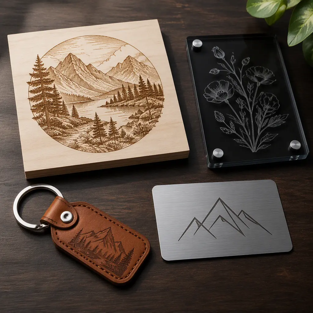 Professional photograph of a laser engraver work area showing engraved sample pieces in wood, acrylic, and leather displayed on a workbench, with the laser module visible in soft focus background, maker studio context with creative lighting