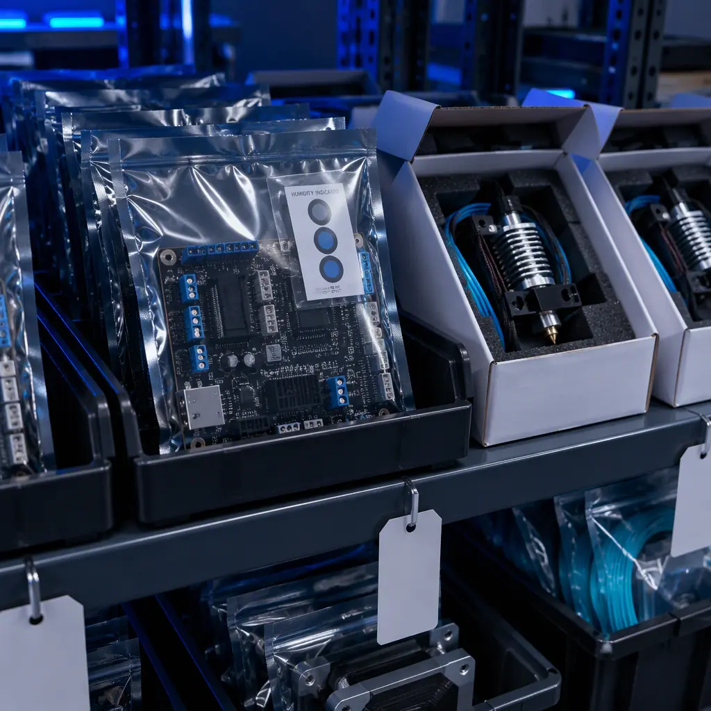 Close-up of antistatic-bagged control boards and boxed hotend assemblies on a warehouse shelf, labels and humidity indicator cards visible, cool industrial lighting