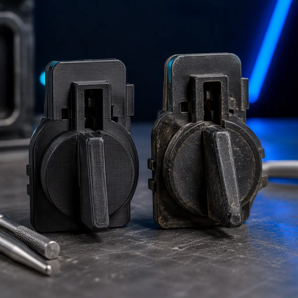 Macro close-up of a 3D printed machine control knob and coin-drop mechanism part for a commercial washer, printed in black nylon with visible layer lines, on a workbench beside the worn original part, photorealistic, no people, no text, no logos