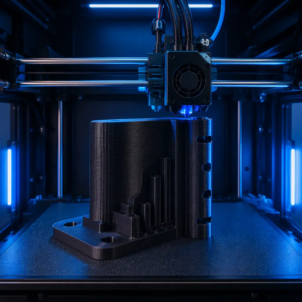 3D printer printing a large nylon door hinge bracket for a commercial washing machine, print in progress with extruder visible, enclosed printer chamber lit with blue LED, photorealistic, no people, no text, no logos