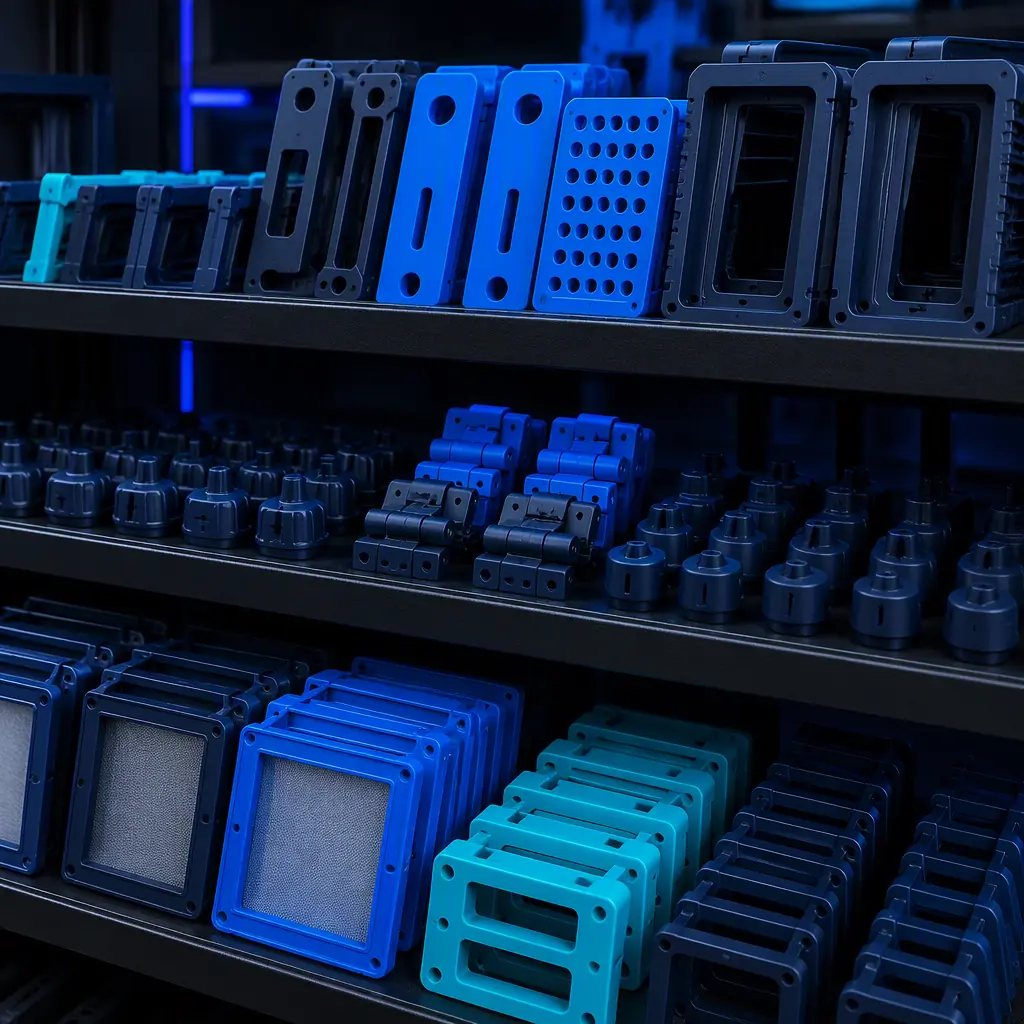Batch of 3D printed laundry equipment spare parts on a shelf in a print farm: knobs, hinges, lint filter frames, coin slot bezels, organized rows, photorealistic, no people, no text, no logos