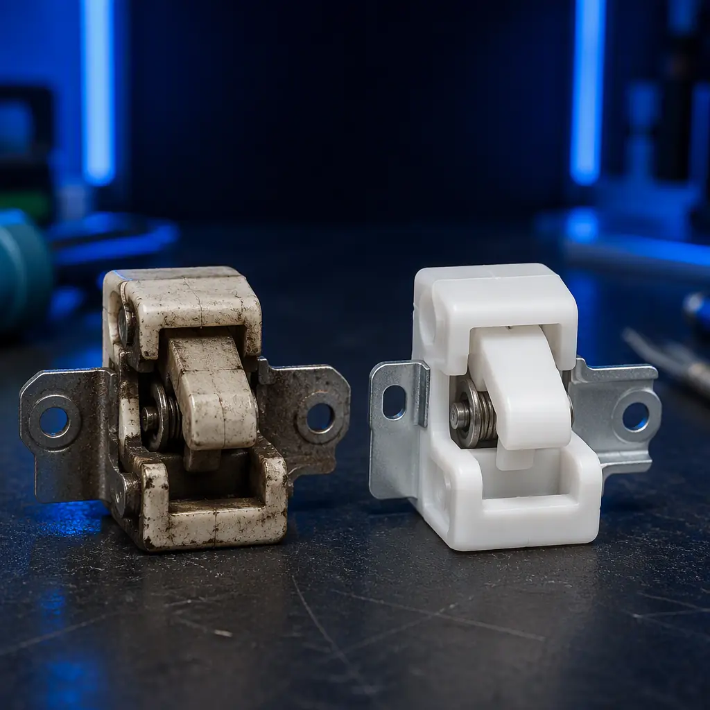 Side-by-side comparison on a workbench: worn original commercial dryer door latch and a fresh 3D printed replacement in white ABS, macro product shot, photorealistic, no people, no text, no logos