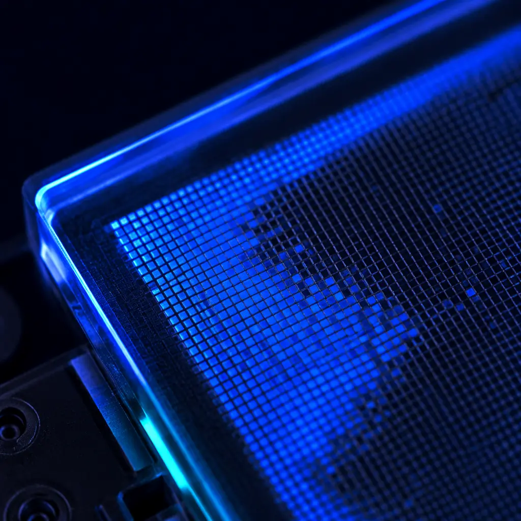 Close-up macro shot of MSLA 3D printer LCD screen with visible pixel grid, UV backlight glowing blue through the monochrome masking layer, technical inspection lighting