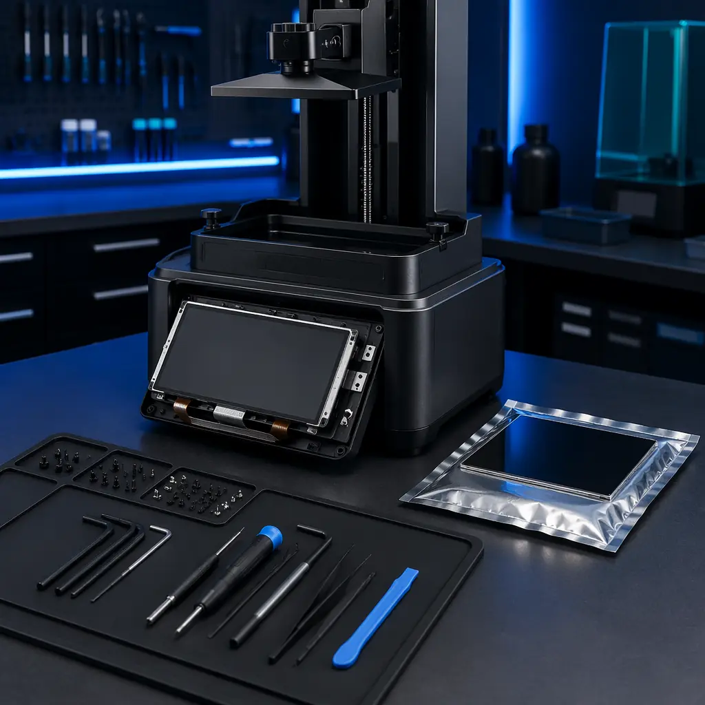 Resin 3D printer with LCD panel exposed during maintenance, replacement screen in anti-static packaging next to the machine, clean workbench with tools, professional workshop lighting