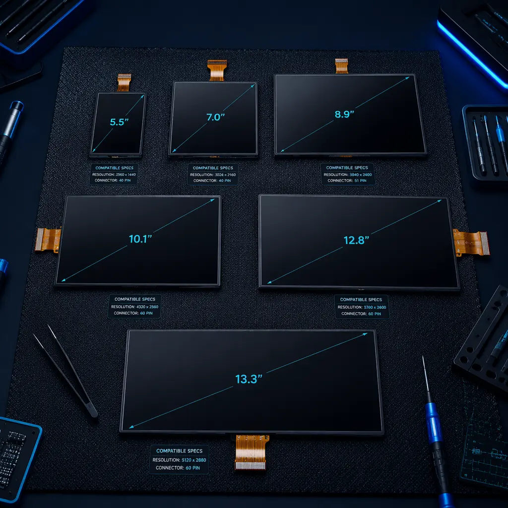 Array of different LCD screen sizes and resolutions laid out on anti-static mat, labeled with compatibility specs, professional product photography in dark studio with blue accent lighting