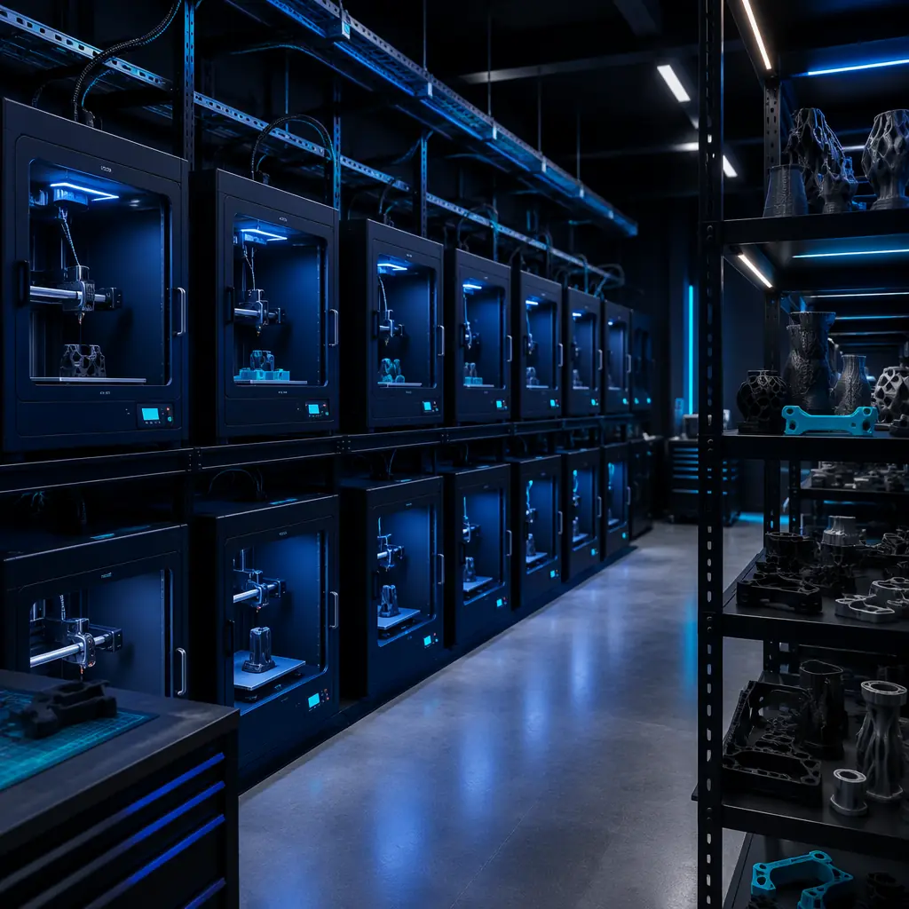 Modern university fabrication lab with rows of 3D printers operating, students working on projects, industrial lighting