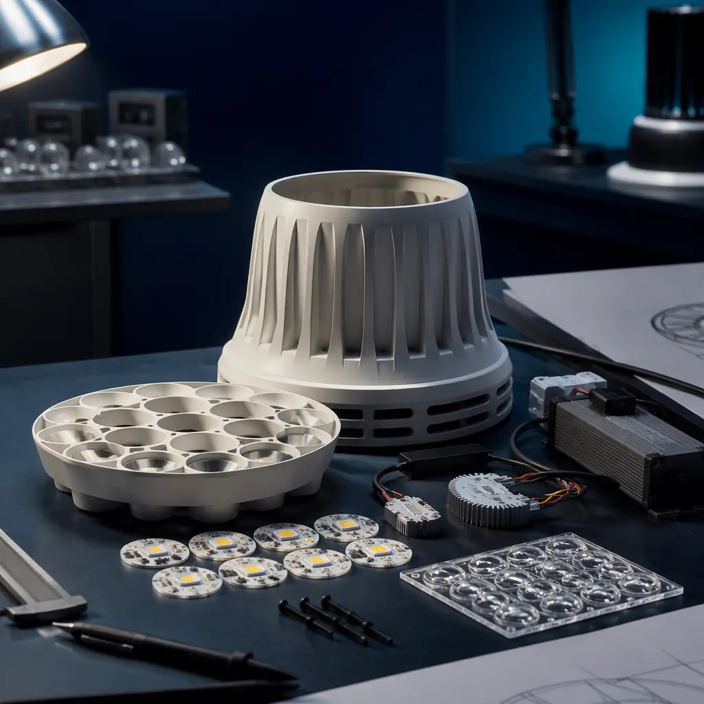3D printed LED luminaire housing and optics holder on a designer's workbench in a lighting studio, LED modules and driver components beside the printed parts, studio lighting