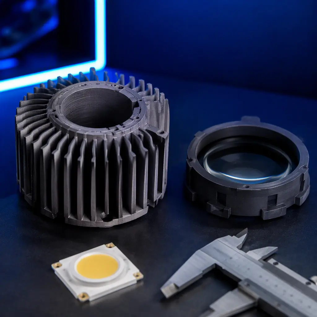 Macro close-up of a 3D printed luminaire heat sink with fine fin geometry and a lens holder ring on a workbench in a lighting lab, LED module and calipers beside the parts, studio lighting