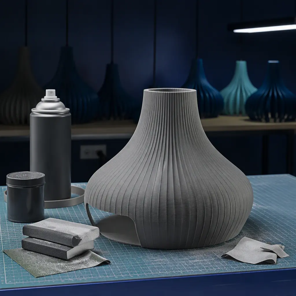 3D printed custom architectural pendant fixture body being sanded and finished on a workbench in a lighting studio, primer and paint cans beside it, finished printed fixtures hanging in background