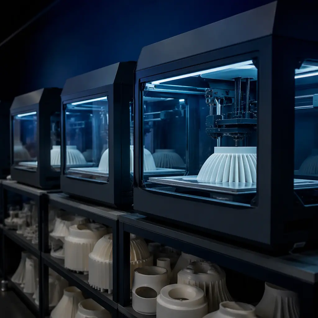 Row of 3D printers printing luminaire housing parts in a lighting manufacturing studio, printed fixture bodies on shelves, LED-lit chambers, studio lighting