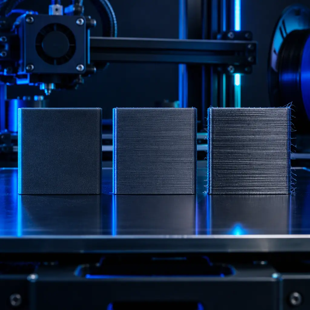Macro of three 3D printed test plaques in a row showing increasing layer line visibility, labelled by position on a dark surface, cool blue rim lighting