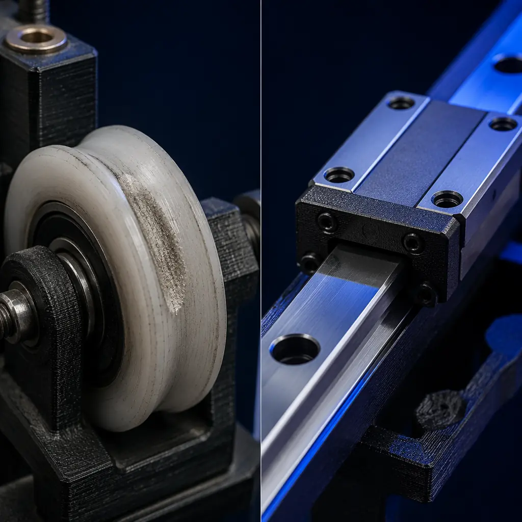 Close-up macro comparison: worn V-wheel with flat spot visible on POM groove versus clean hardened steel linear rail with bearing block, precision engineering photography