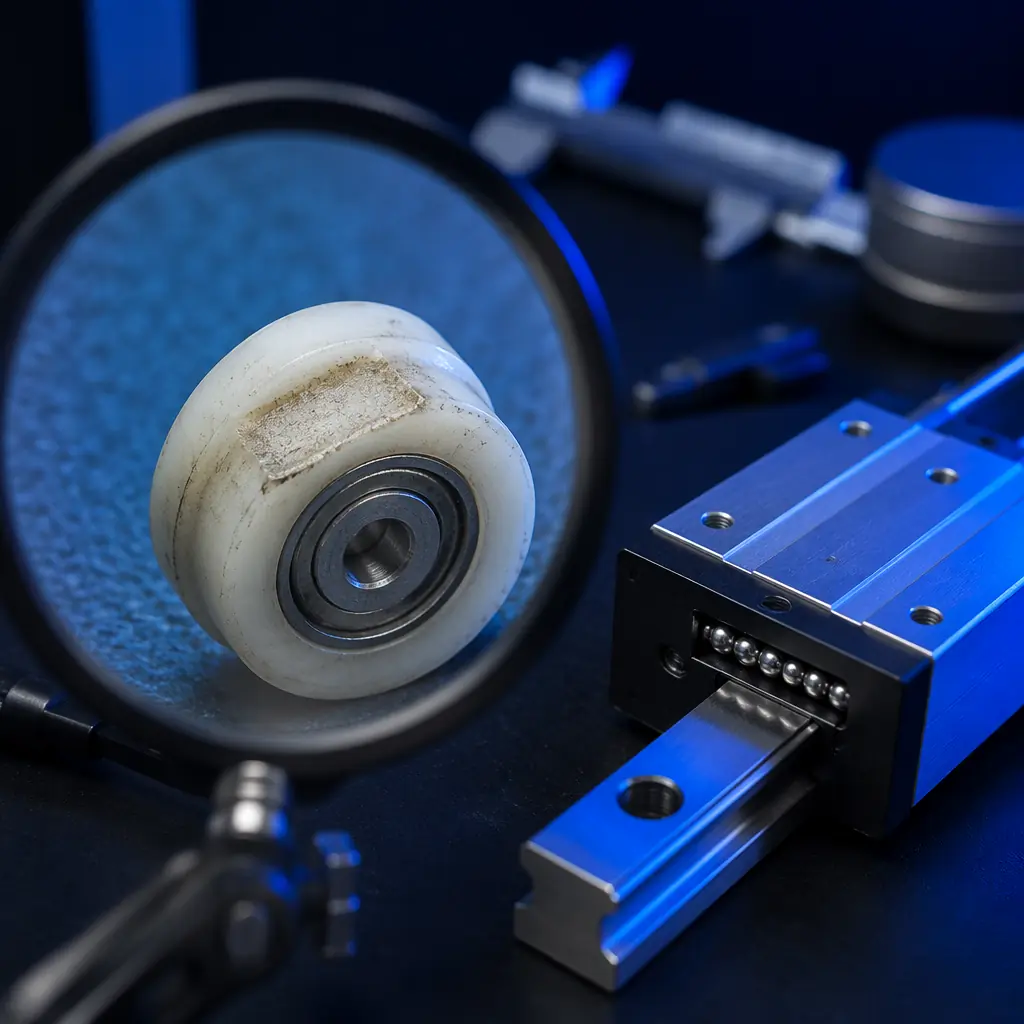 Wear comparison: POM V-wheel with visible flat spot and deformation after 1,500 hours next to pristine steel linear rail bearing block after 5,000 hours, laboratory inspection setting