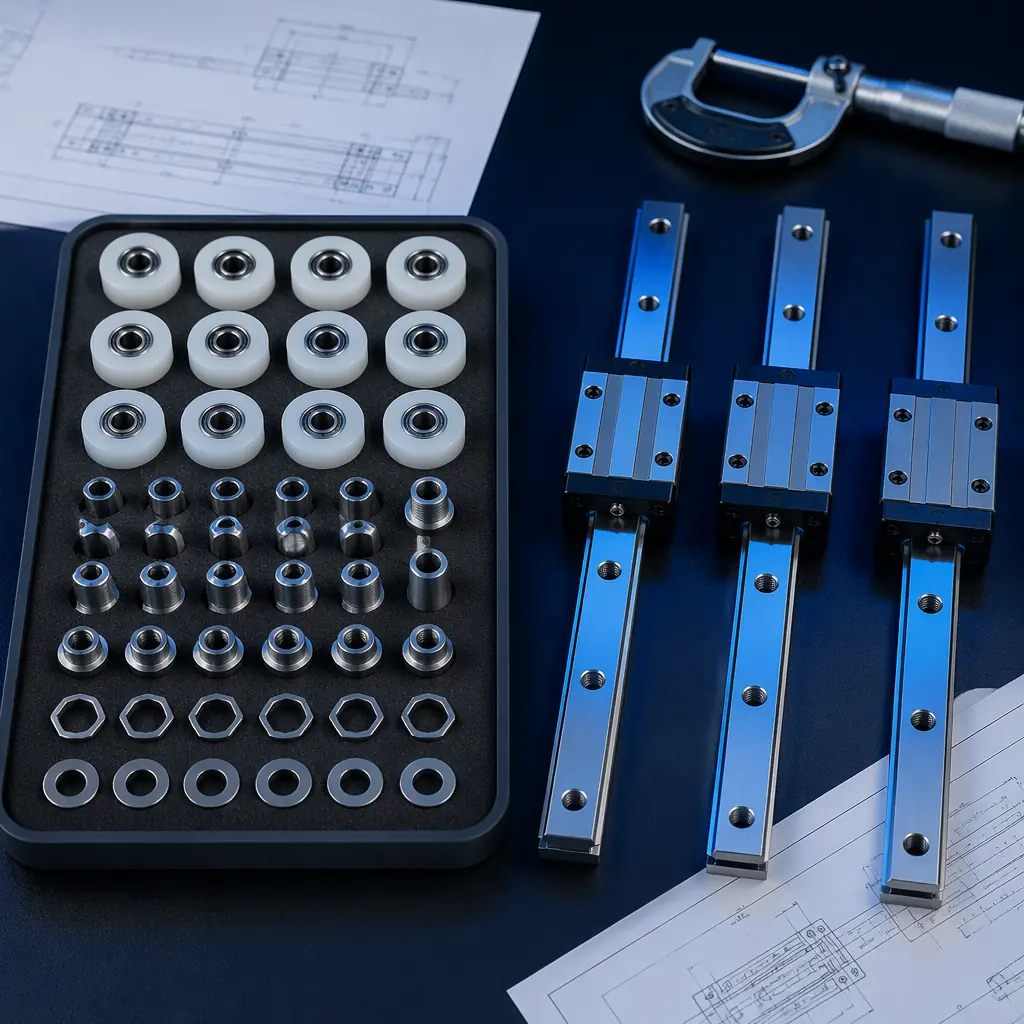 Bill of materials comparison: tray of POM V-wheels with eccentric nuts and spacers laid out next to three MGN12H linear rails with bearing blocks, engineering workbench photography