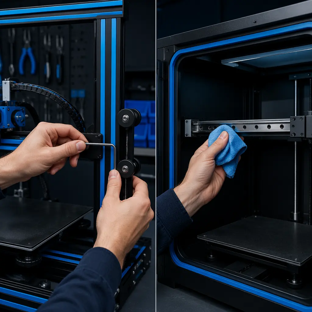 Side-by-side: 3D printer with V-wheel gantry undergoing eccentric nut adjustment with Allen key versus linear rail printer being wiped clean with cloth, maintenance comparison photography