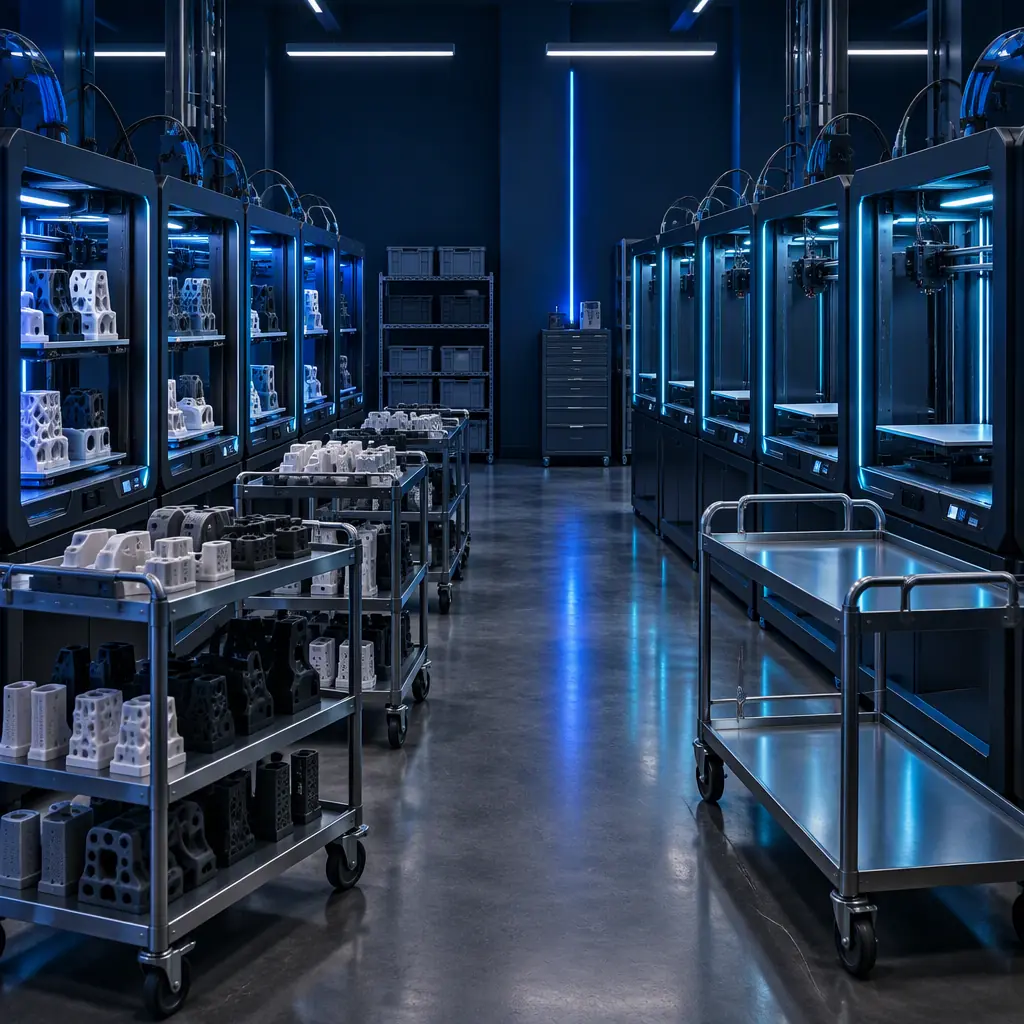 Photograph of a 3D print farm cell with uneven loading: one bank of printers fully occupied with parts waiting on carts while a second bank sits empty with bare build plates