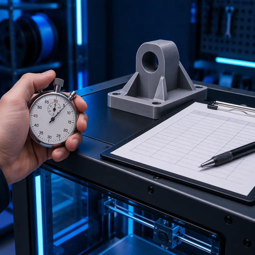 Macro photograph of a stopwatch and blank tally sheet resting on the corner of a 3D printer enclosure beside a completed printed fixture part, layer lines visible