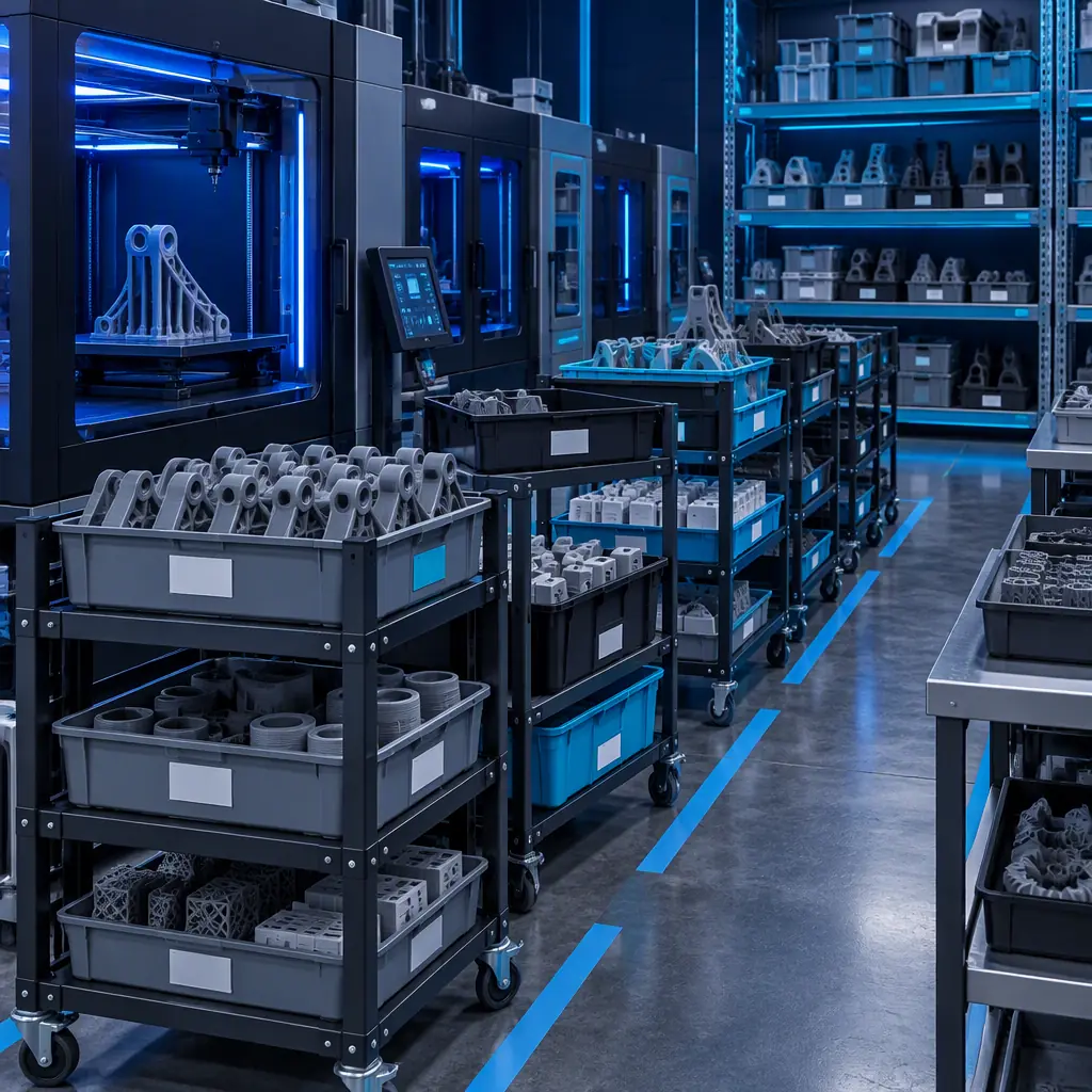 Photograph of a staging and buffer area in a 3D printing operation with wheeled carts loaded with labelled parts bins forming a queue beside a printer cell