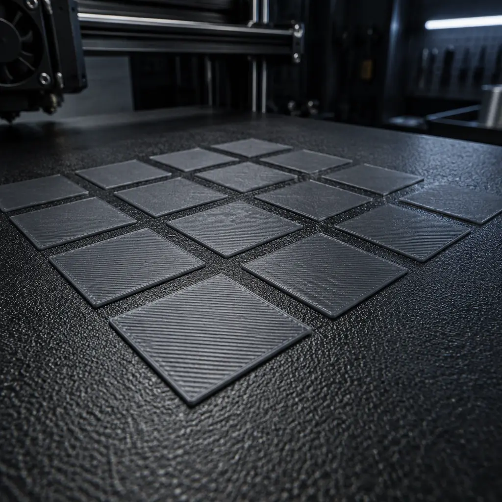 Macro photograph of a 3D printer first layer being laid on a textured PEI build plate, showing individual extruded lines with visible squash and reflection under angled light