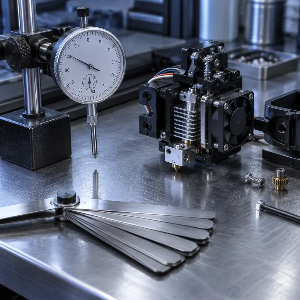 Photograph of a dial test indicator and feeler gauge set on a brushed metal workbench beside an opened 3D printer toolhead under cool lighting