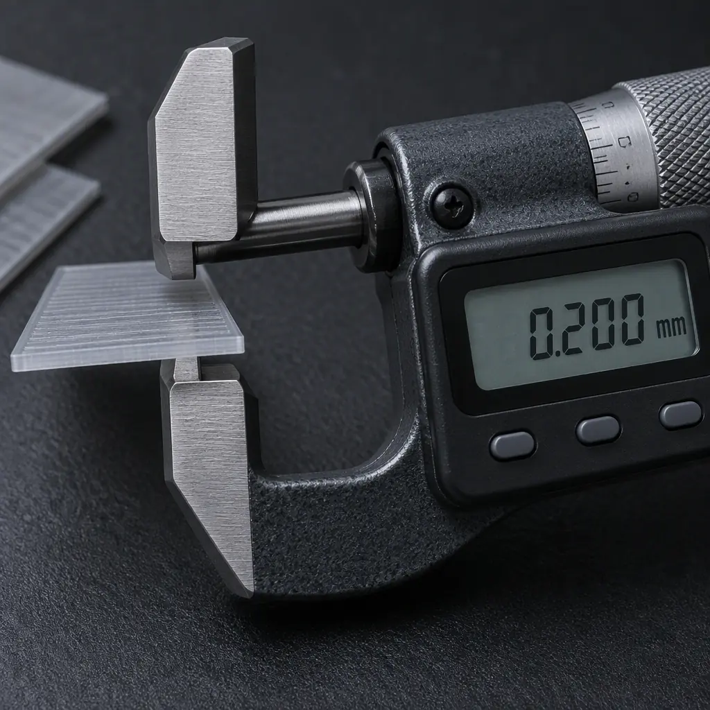 Macro photograph of a digital micrometer measuring a thin flat 3D printed layer sample on a dark matte surface