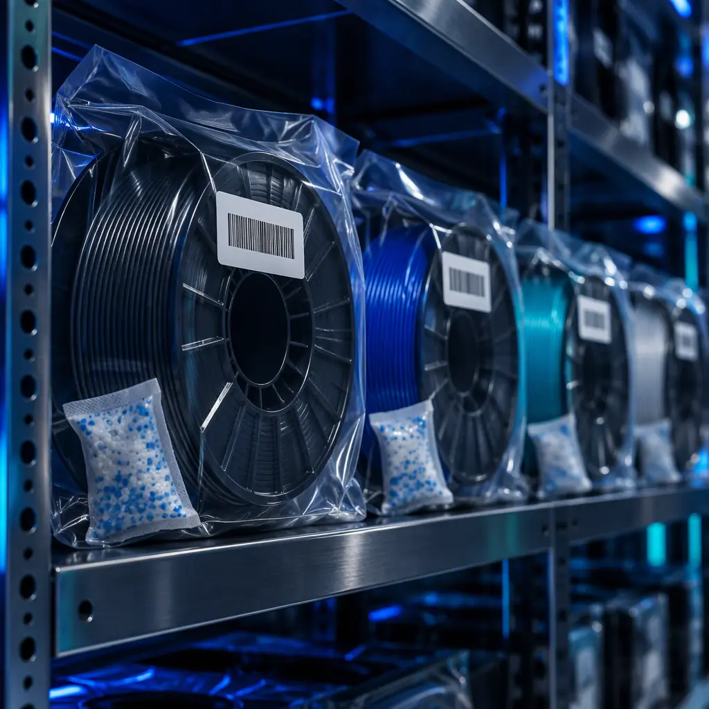 A row of sealed filament spools on an industrial warehouse shelf with plain barcode labels and desiccant pouches, blue accent lighting on the steel shelving
