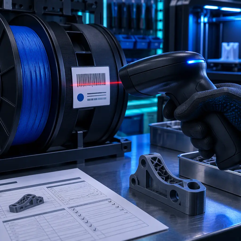 Close-up of a filament spool label being scanned with a handheld barcode reader at an industrial workstation, printed build log sheet on the bench, blue accent lighting
