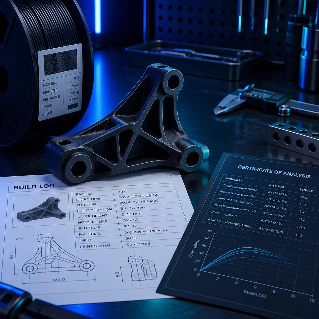 A printed production part resting on a build log sheet with a spool label and a certificate of analysis on a dark inspection bench, blue accent lighting from the side