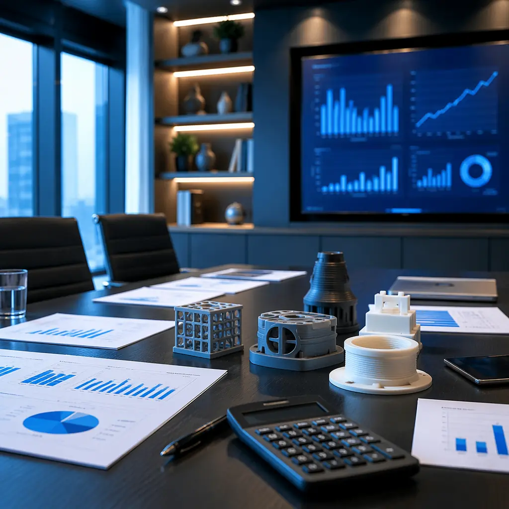 Modern office conference room with financial documents, calculator, and 3D printer samples on meeting table, professional business environment, navy and steel blue color scheme with warm accent lighting