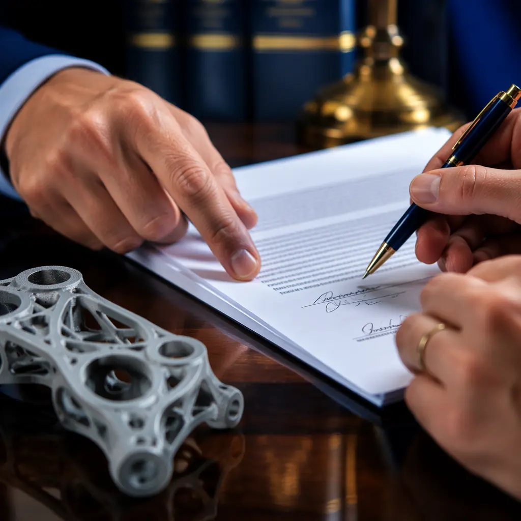 Close-up of hands reviewing signed contract documents on polished wooden desk, pen and 3D printer component in frame, corporate blue and navy color palette, professional legal atmosphere