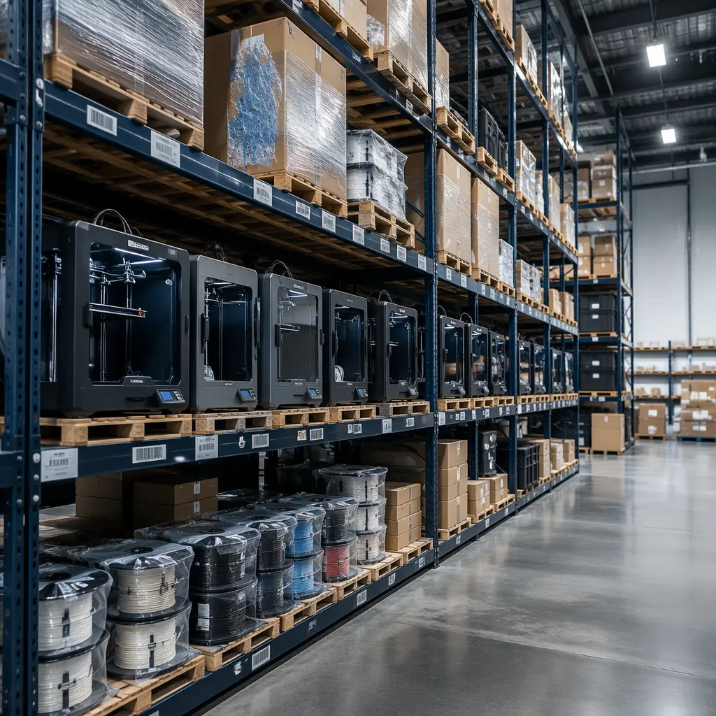 Modern warehouse with organized 3D printer inventory on shelving, logistics and distribution center, rows of boxed equipment, professional industrial setting with navy and steel accents