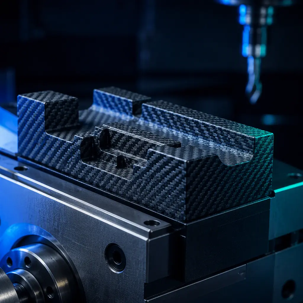Macro close-up of a 3D printed PA-CF soft jaw mounted on a CNC machine vise, precise part-profile grip surface with visible carbon strand texture, dark machine shop background, cold industrial lighting with electric blue accent, no text, no logos