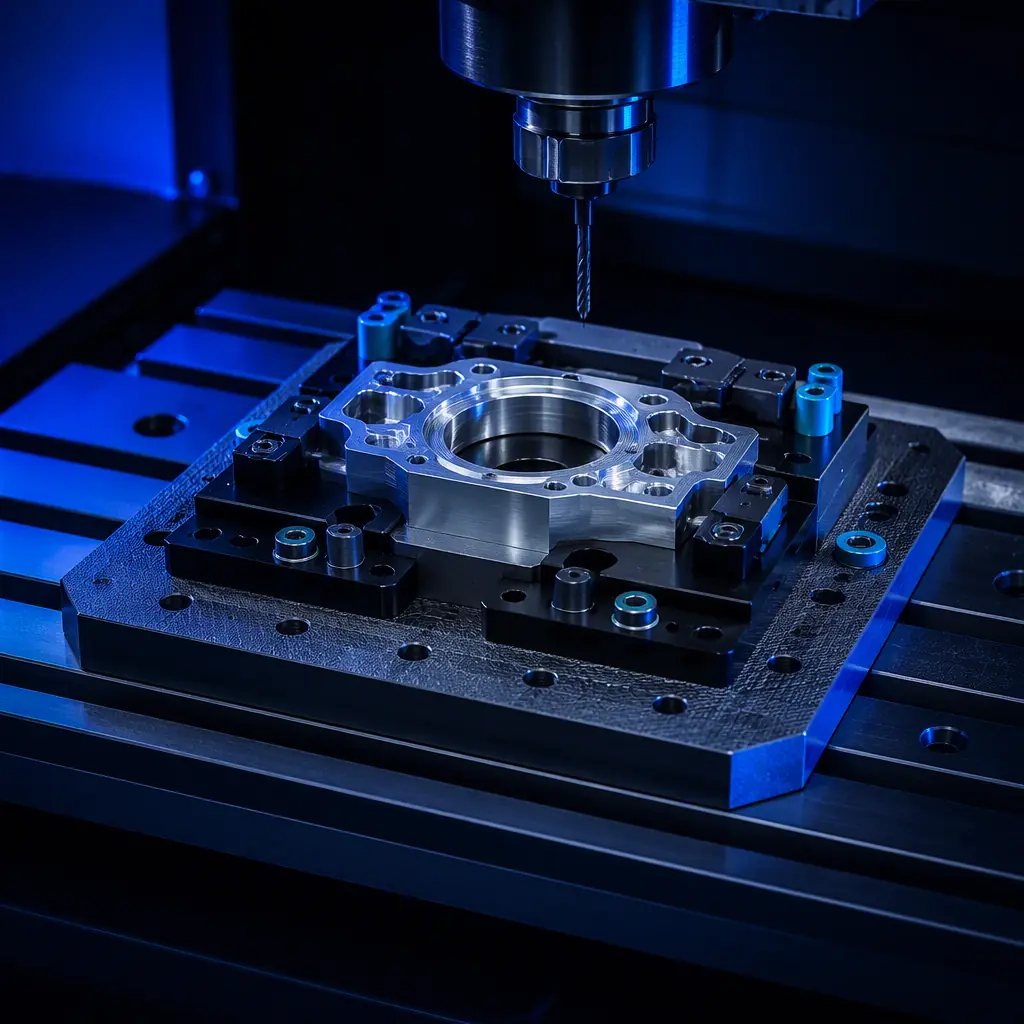 3D printed fixture plate and drilling guide mounted on a dark CNC machine table, a milled aluminium part being located, precision machining context, cold industrial lighting with electric blue accent, deep navy ambient, no text, no logos
