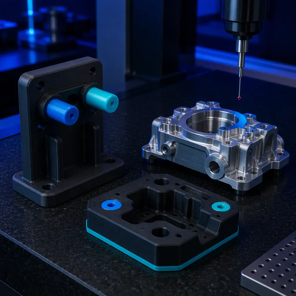 3D printed Go/No-Go gauge fixture and inspection nest on a dark metrology bench beside a machined metal part, precision measurement context, cold industrial lighting with electric blue accent, deep navy ambient, no text, no logos