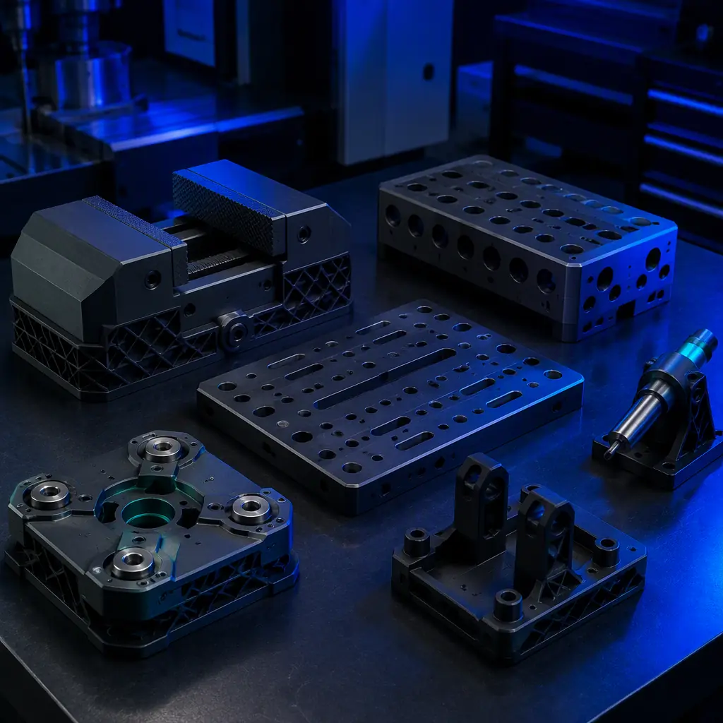 Array of 3D printed machine shop aids on a dark bench: custom soft jaw, workholding block, fixture plate, zero-point pallet, gauge fixture, cast in matte black reinforced polymer with a subtle teal brand-free accent, deep navy background, precision engineering lighting, no text, no logos