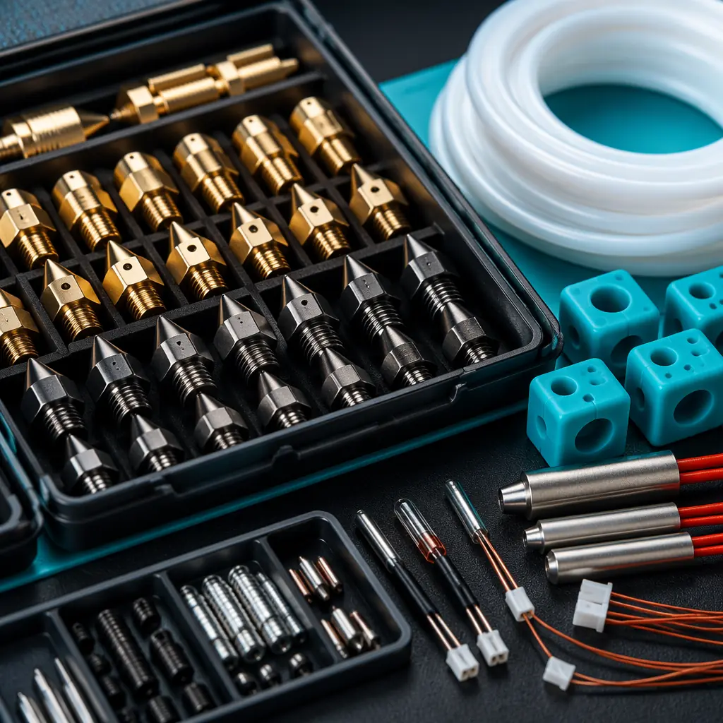 3D printer maintenance technician working on an open printer with tools and diagnostic equipment on workbench, professional repair environment with organized spare parts storage, navy and blue industrial tones