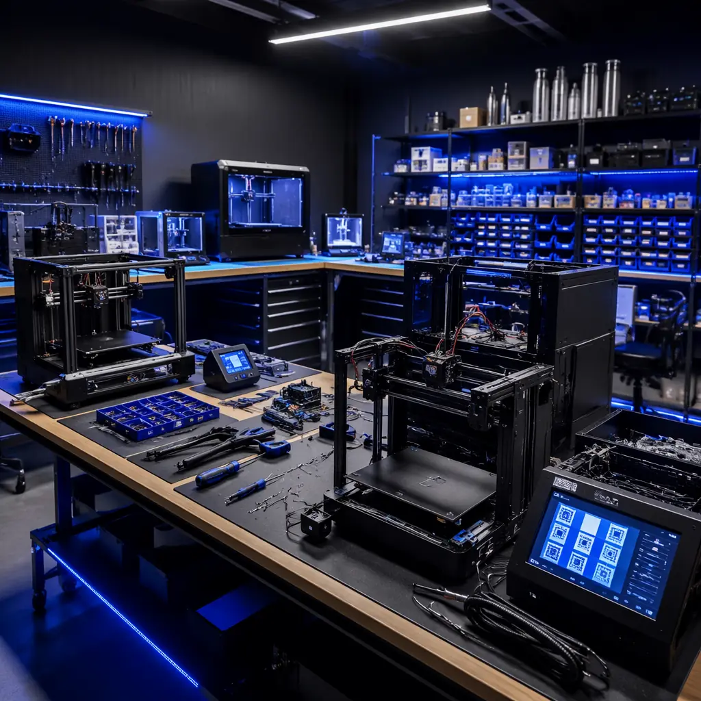 3D printer on trade show display with service plan brochure, distributor representative explaining maintenance coverage to potential customer, professional navy and blue exhibition booth aesthetic
