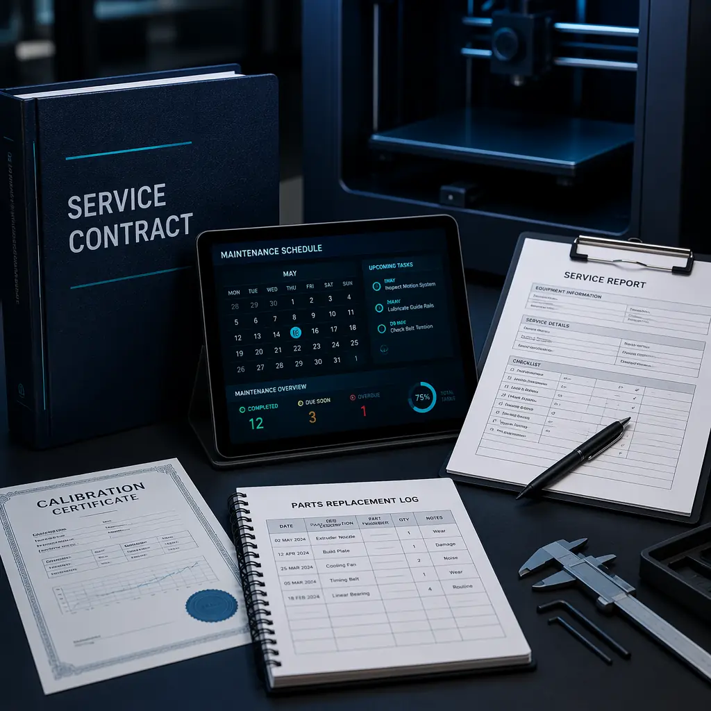 Organized 3D printer spare parts wall in service center, labeled bins with hotend assemblies, nozzles, belts, build plates, and electronic components, professional inventory management system, navy industrial workspace