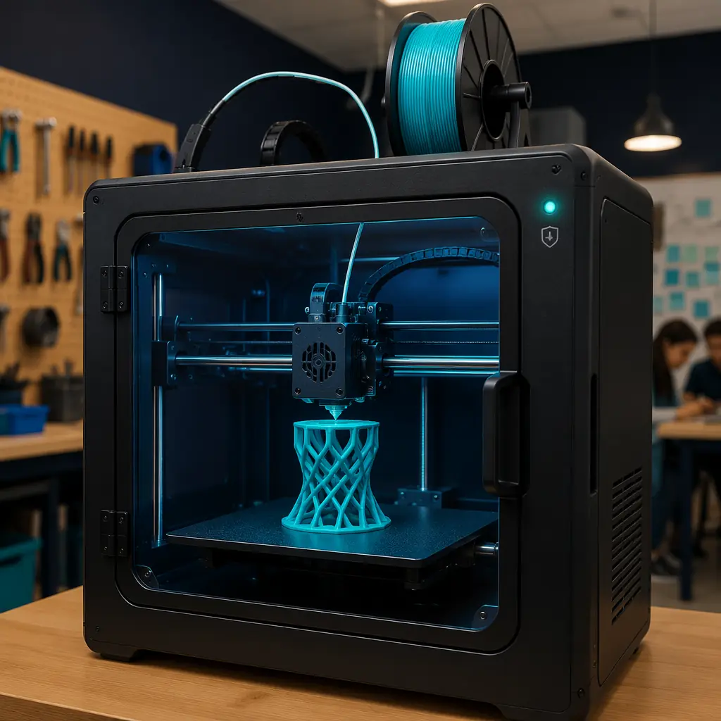 Interior of a busy makerspace with a fleet of enclosed 3D printers lined up on heavy-duty shelving, members working at adjacent workstations, workshop lighting, community fabrication lab atmosphere