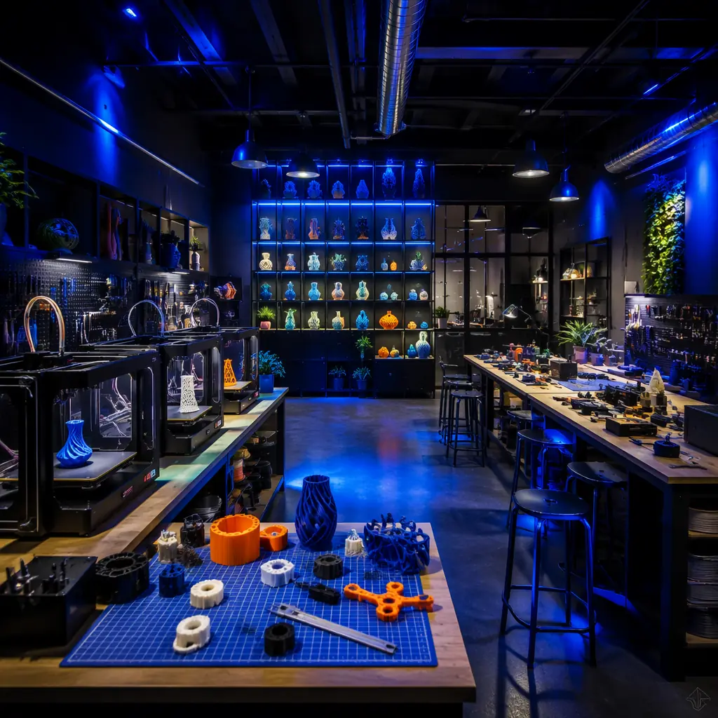 Well-organized makerspace consumables storage area with shelves of filament spools organized by color and material type, spare parts bins labeled by component, clean workshop storage room with inventory management system visible